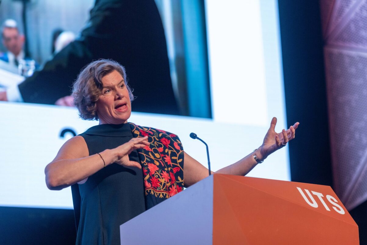 Photograph of Professor Mariana Mazzucato speaking at the Sydney Public Lecture at UTS